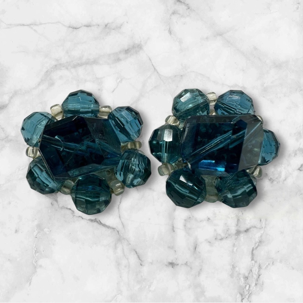 Vintage 50's Western Germany Blue Beaded Cluster Clip On Earrings